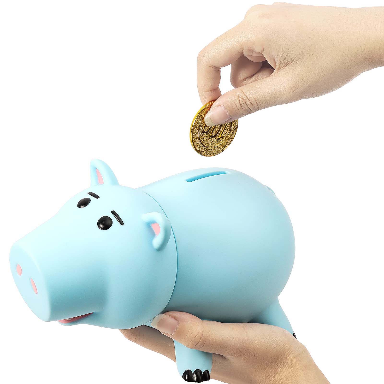 HOTFUN Hamm piggy bank blue in use by child for savings