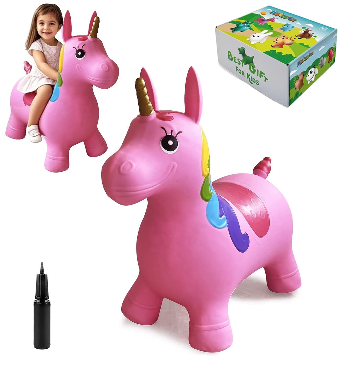 HotMax Unicorn Bouncy Horse full view shows a stable ride-on toy for indoor fun