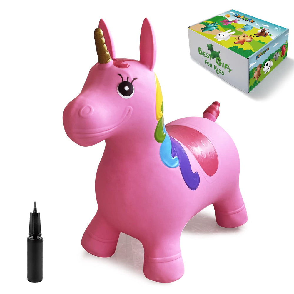 HotMax Unicorn Bouncy Horse child playing, capturing interactive fun and balance practice