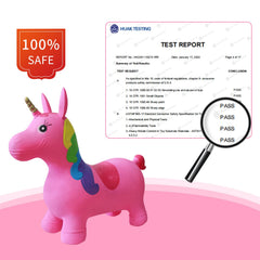 HotMax Unicorn Bouncy Horse safety CPC test badge emphasizes child-safe materials and design
