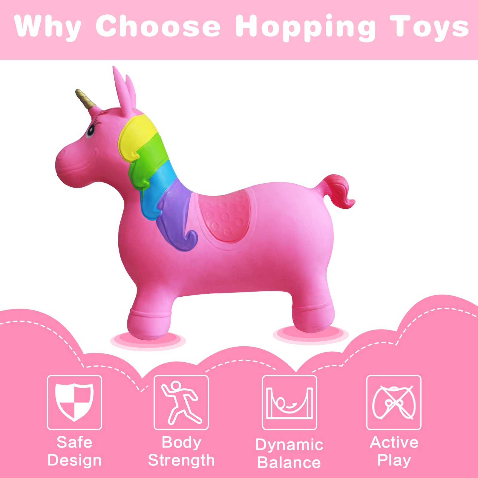 HotMax Unicorn Bouncy Horse seat and pump illustrate easy setup for quick play sessions