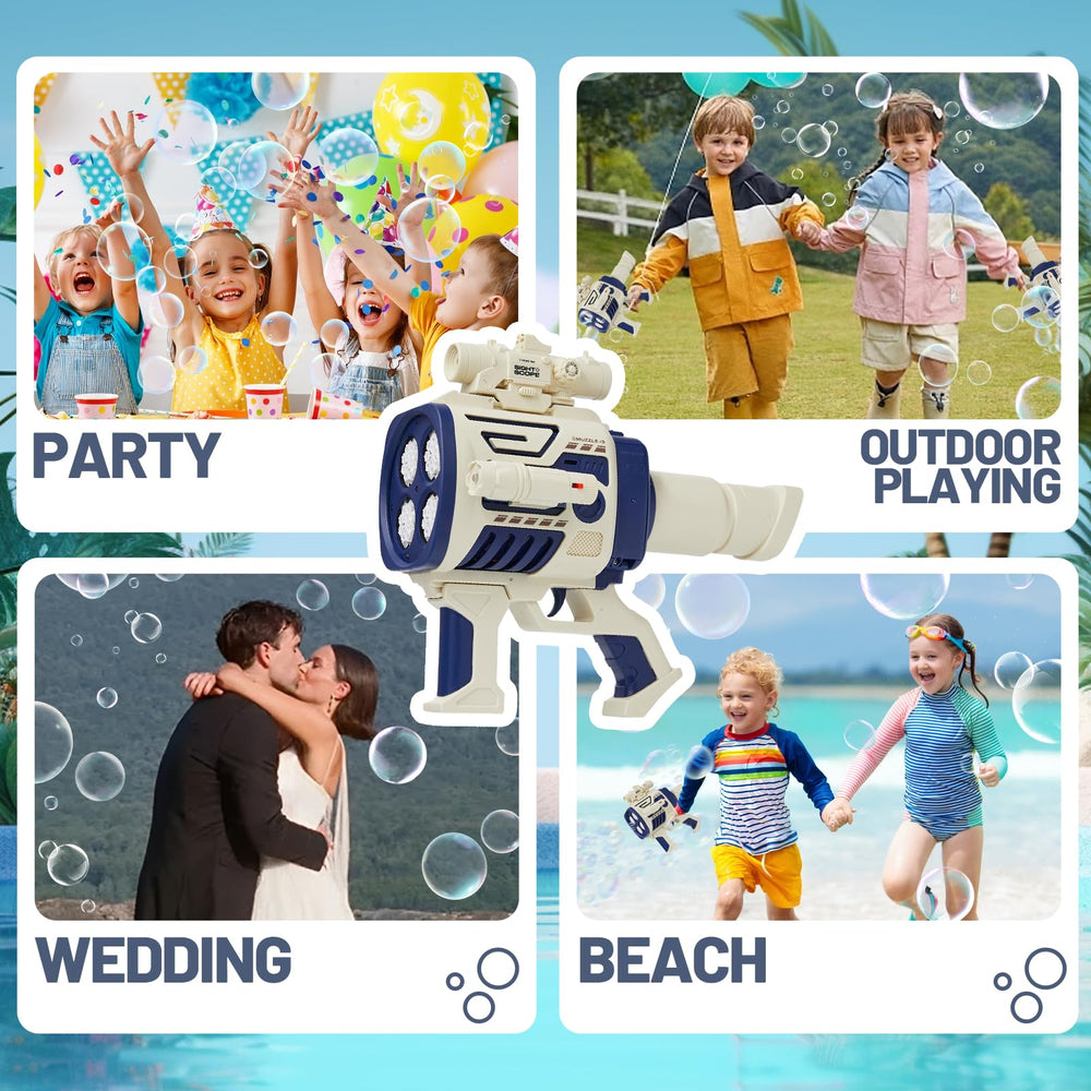 Houscly Bubble Gun accessories pack includes solutions and tools for quick setup.