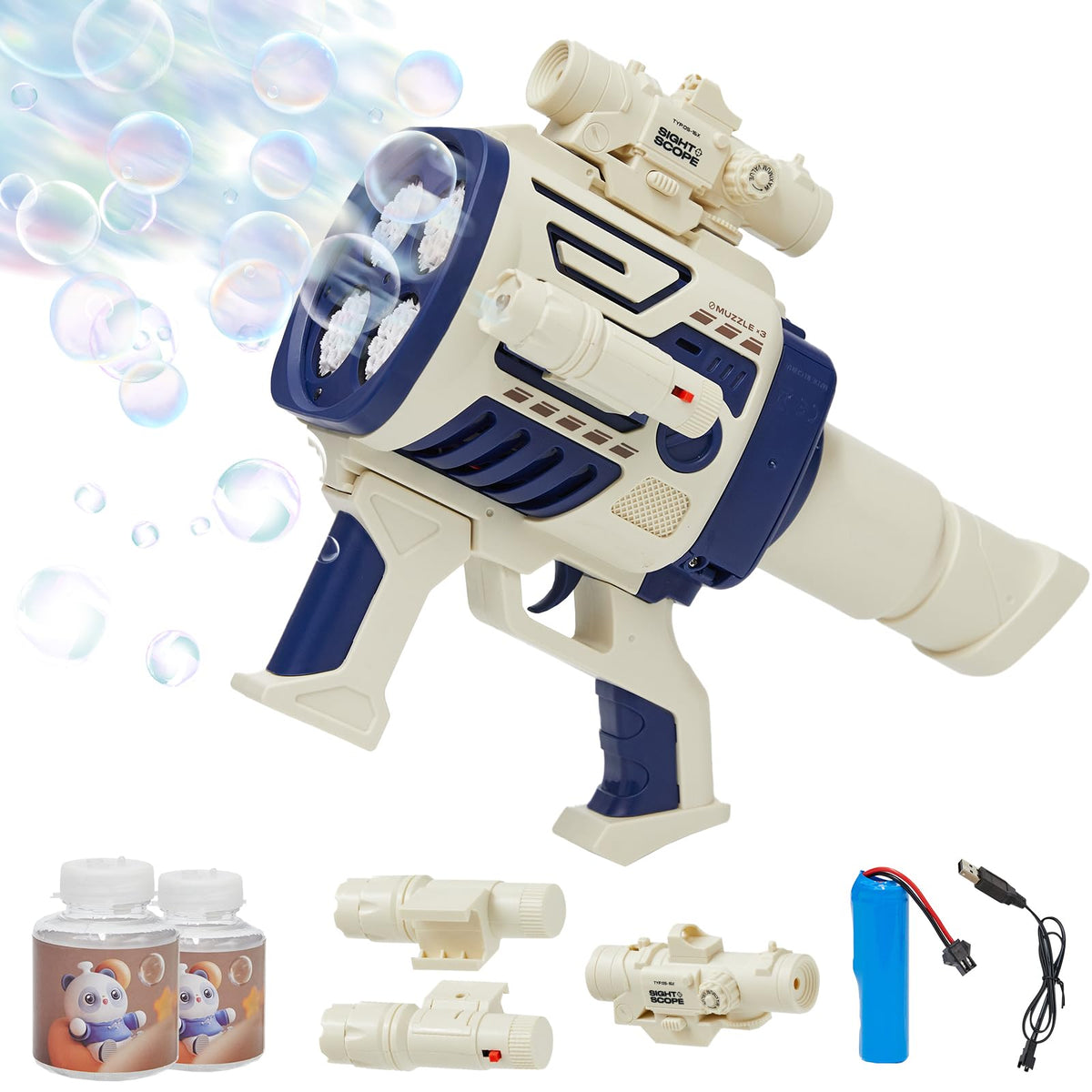 Houscly Bubble Gun blue front view for outdoor play and easy trigger action.