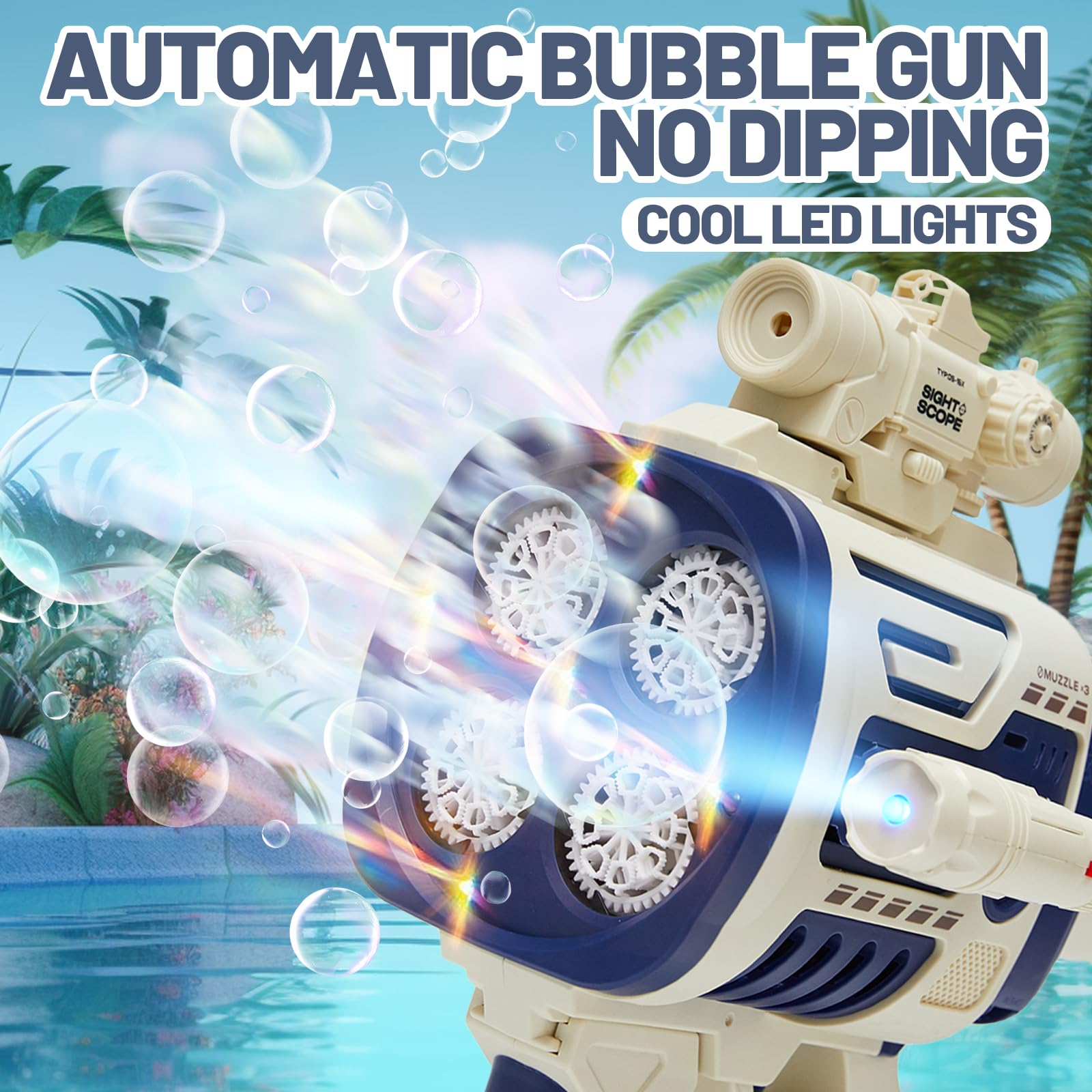 Houscly Bubble Gun four-muzzles assembly shows high bubble output for lively fun.