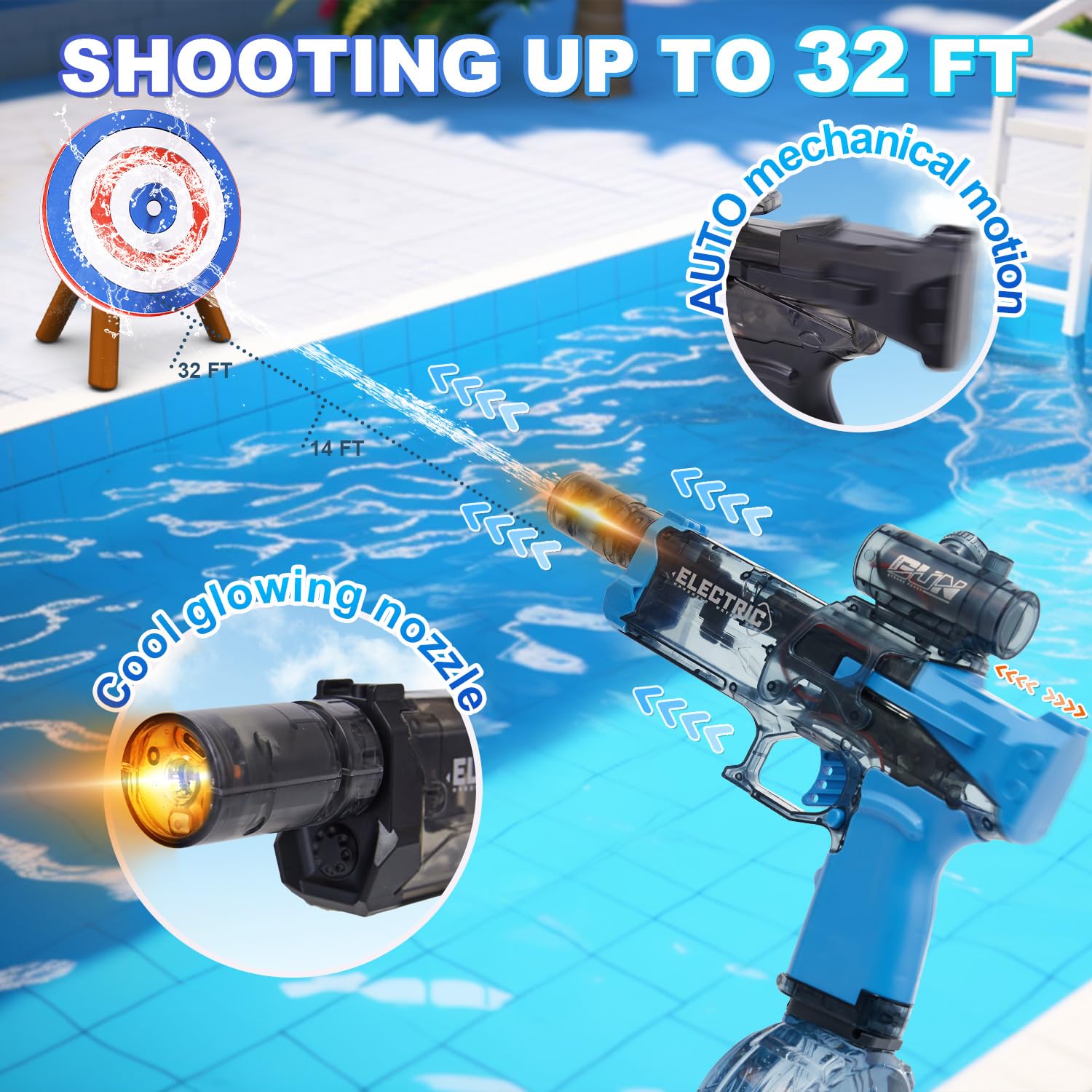 Houscly water gun shows 32 ft range for long-distance hits