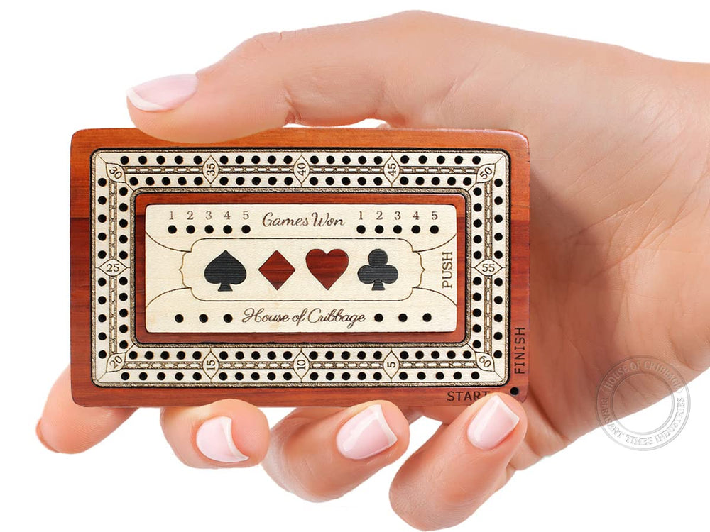 House of Cribbage 2Track travel board top lid with magnetic peg storage.