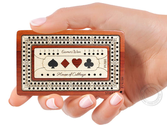 House of Cribbage 2Track travel board top lid with magnetic peg storage.