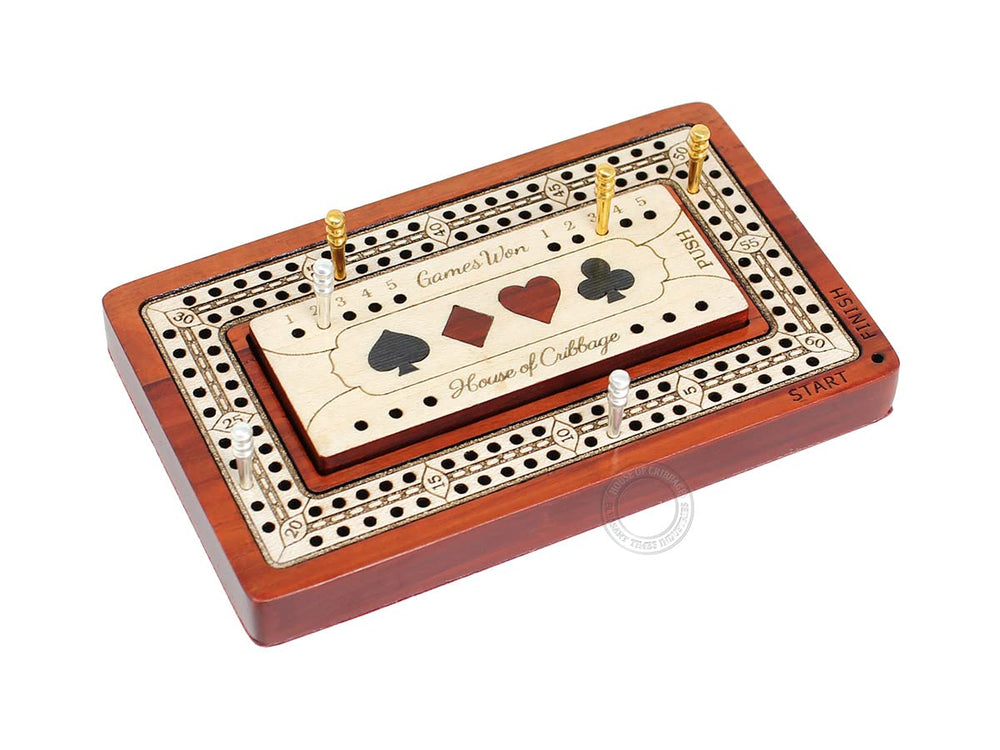 House of Cribbage bloodwood maple inlay shows premium craftsmanship.