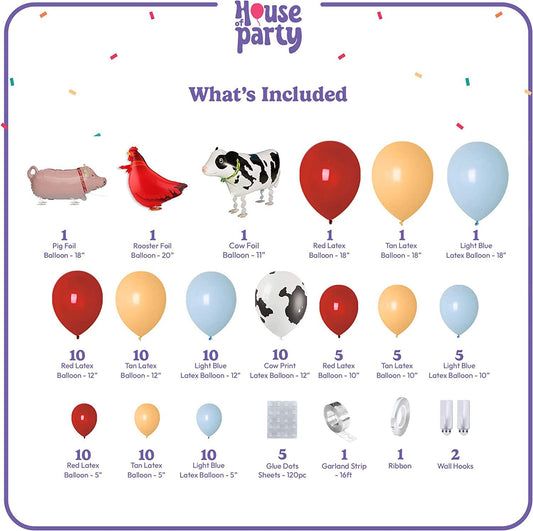 House of Party cow-print balloons arch creates a colorful farm theme centerpiece.
