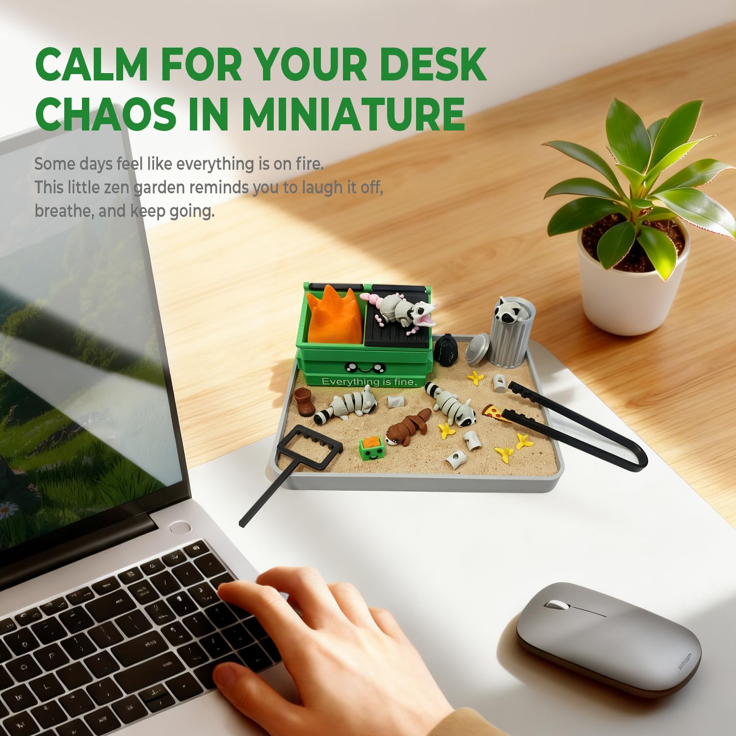 HouseBegan desk scene with raccoons, highlighting playful desk chaos near focus.