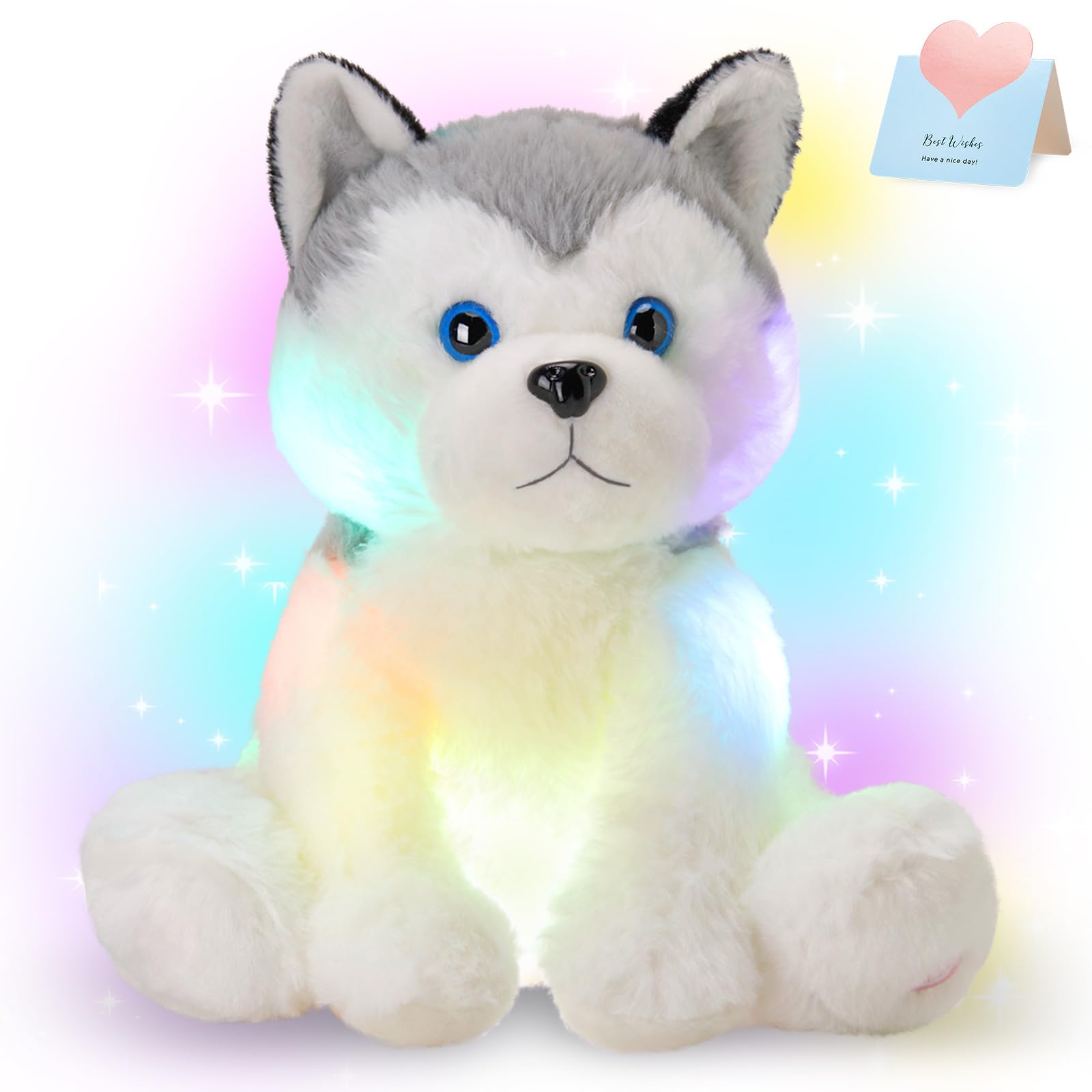 Houwsbaby 12-inch gray light-up husky plush glows softly for bedtime comfort.