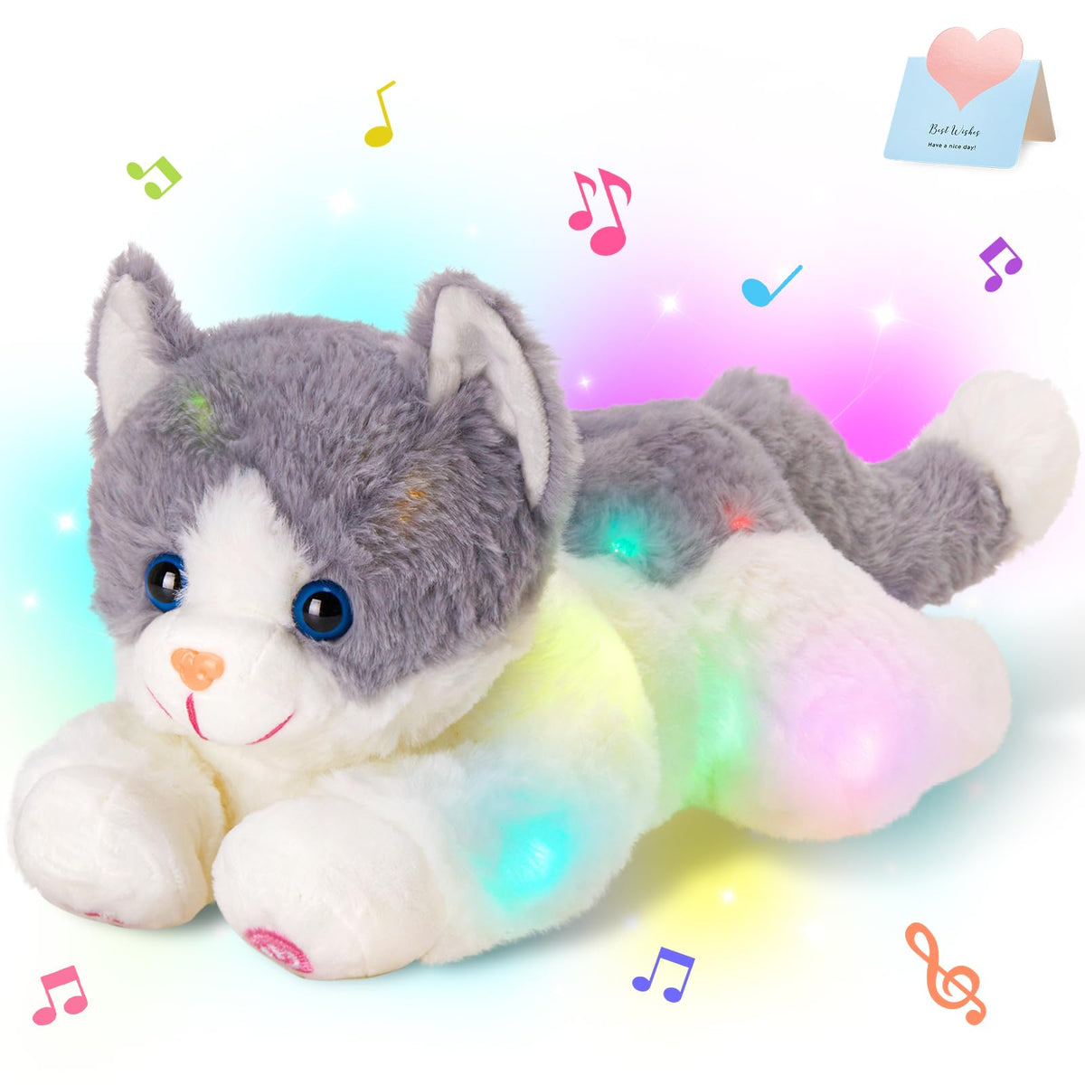 Houwsbaby 15-inch gray LED musical cat plush, soothing bedtime companion with soft fabric.