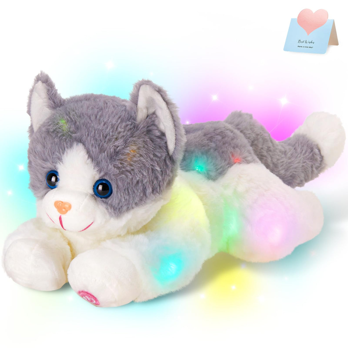 Houwsbaby 15-inch gray light-up kitty plush, a cozy nighttime companion.