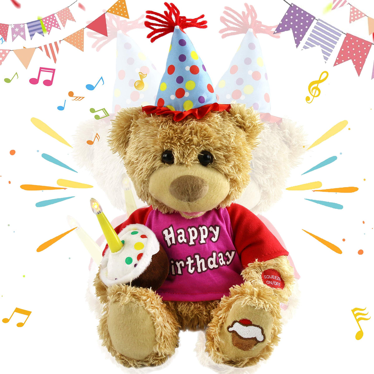 Houwsbaby birthday teddy with cupcake glow for celebrations.