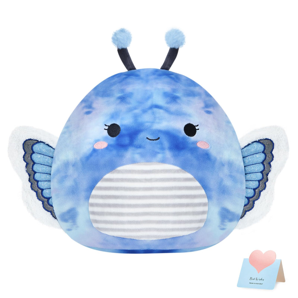 Houwsbaby blue butterfly plush pillow front view for cozy cuddles.