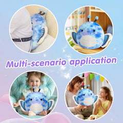 Houwsbaby blue butterfly plush pillow hugged by a child.