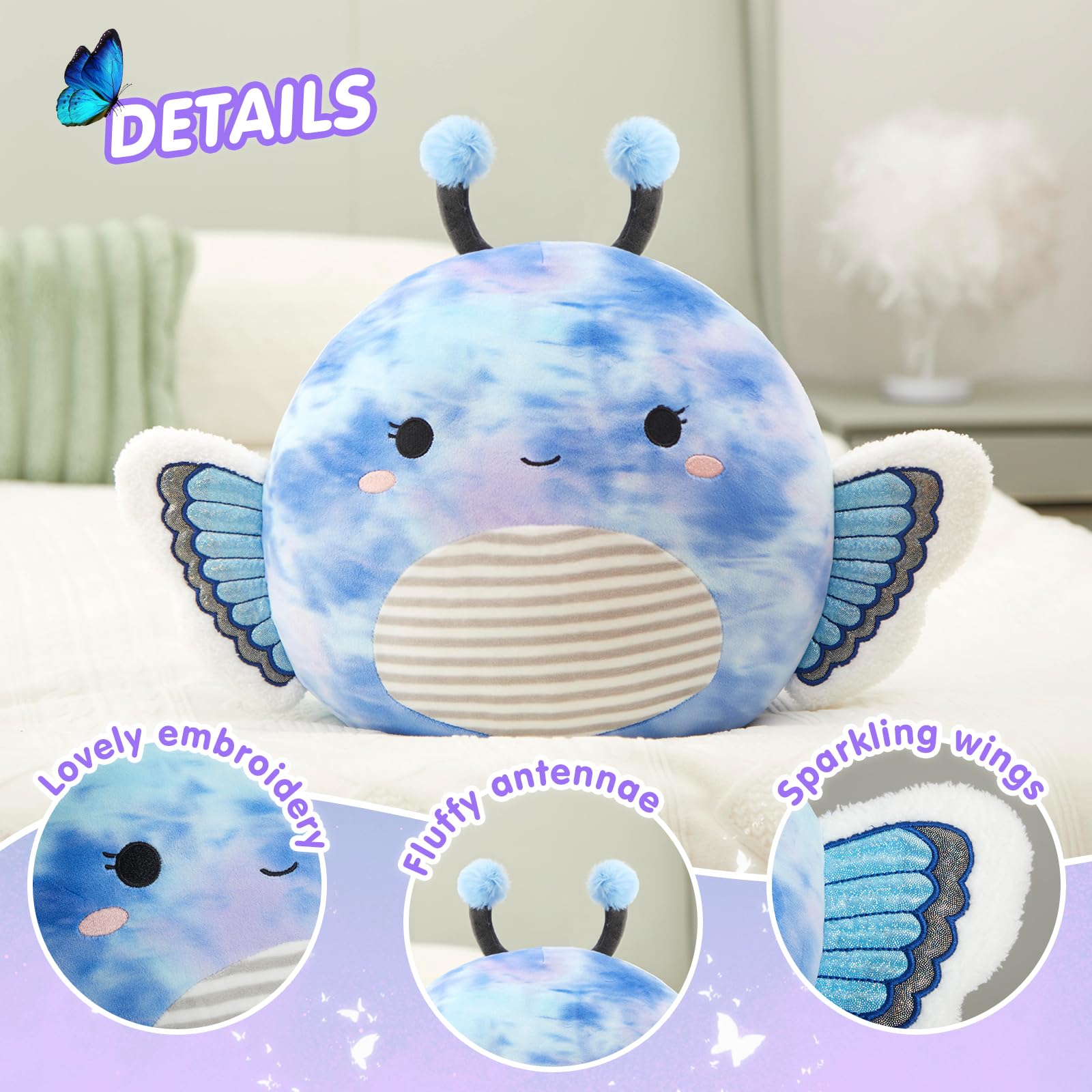 Houwsbaby blue butterfly plush pillow side view for snuggle sessions.
