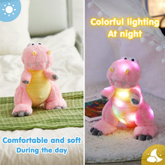 Houwsbaby pink dinosaur serves as a gentle night-light in a kid's room.