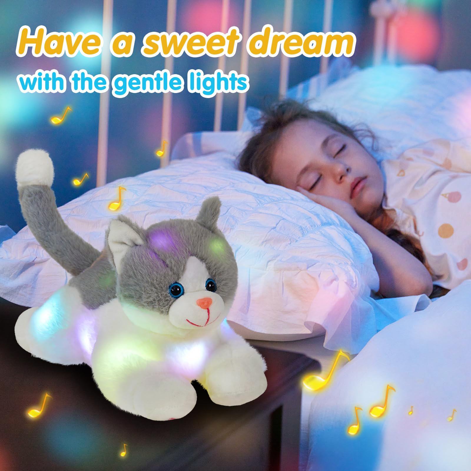 Houwsbaby glow-in-the-dark kitty glows softly to ease nighttime anxiety.