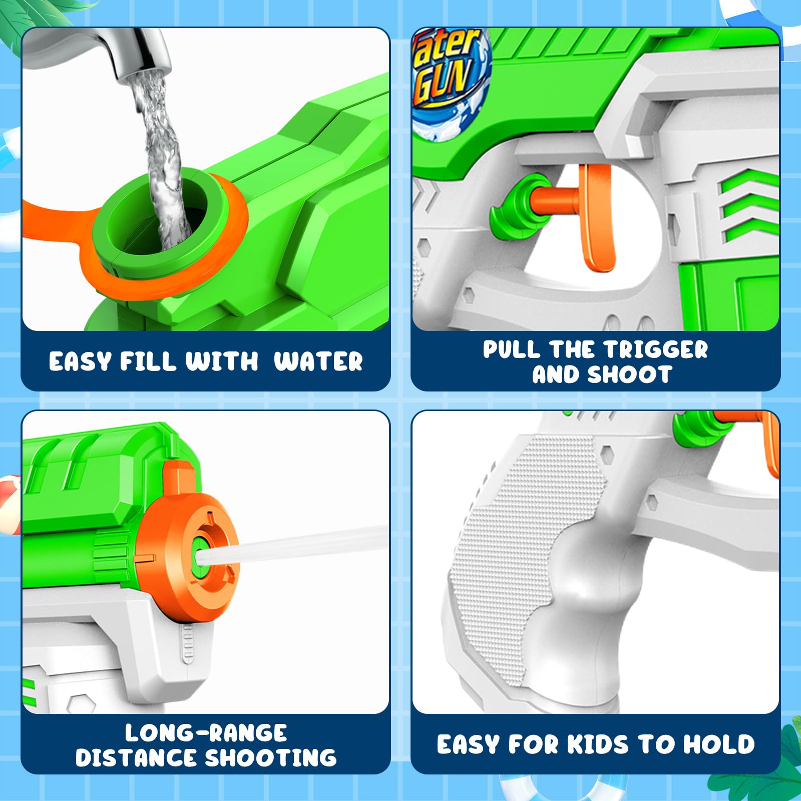 HozHoy water gun range up to 15-20 feet for lively outdoor battles.