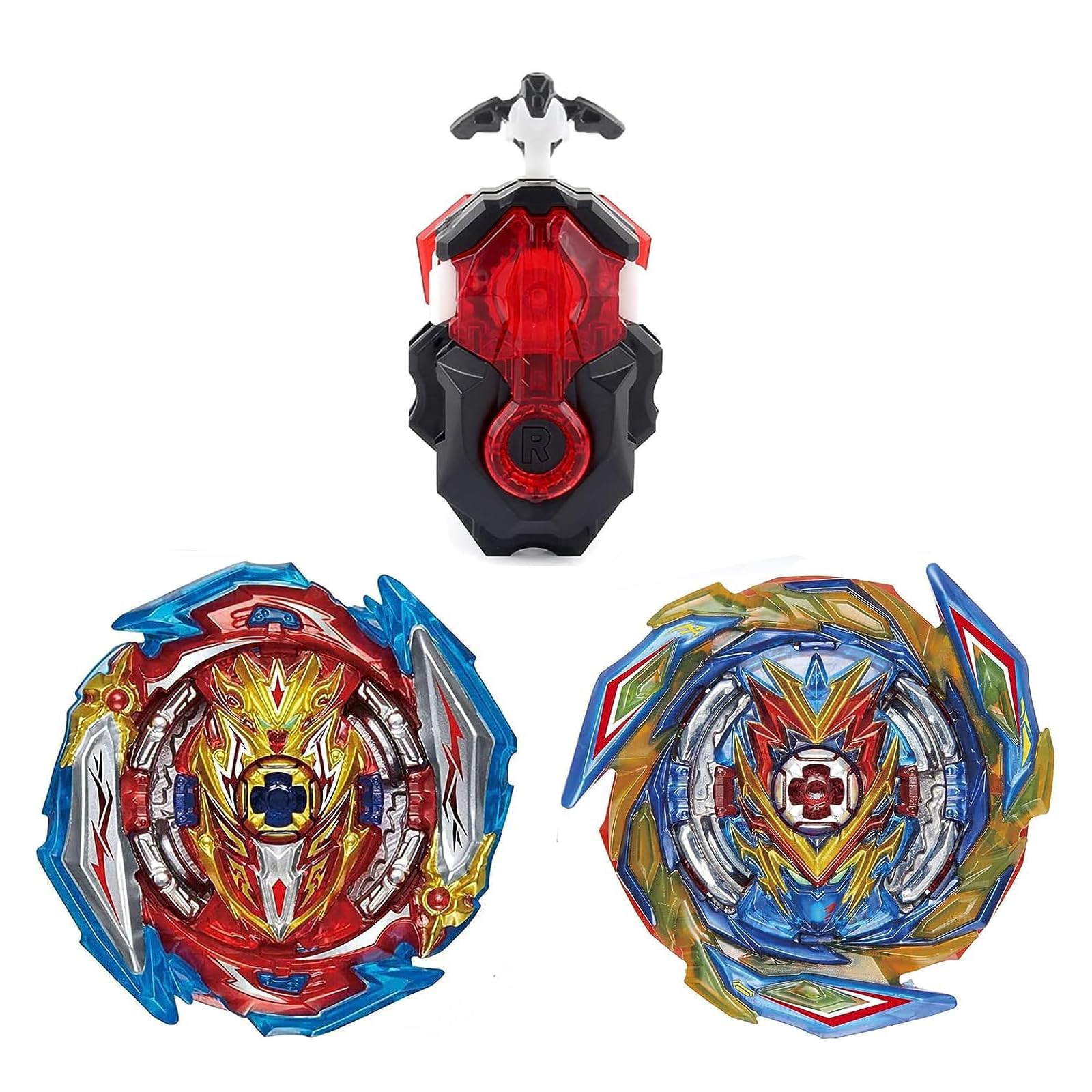 Hozuumo gyro battling top front view with launcher, durable indoor fun.