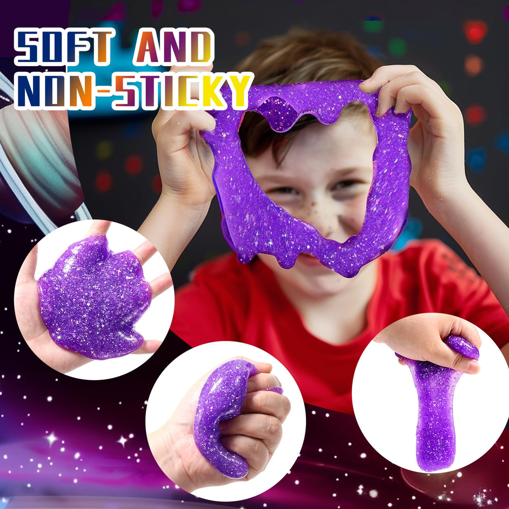 Kids squeezing and stretching HPLTLKY Galaxy Star Slime for tactile play.