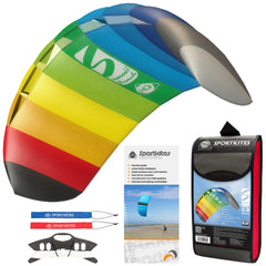 HQ Symphony Beach III rainbow kite in flight, beginner-friendly outdoor fun.
