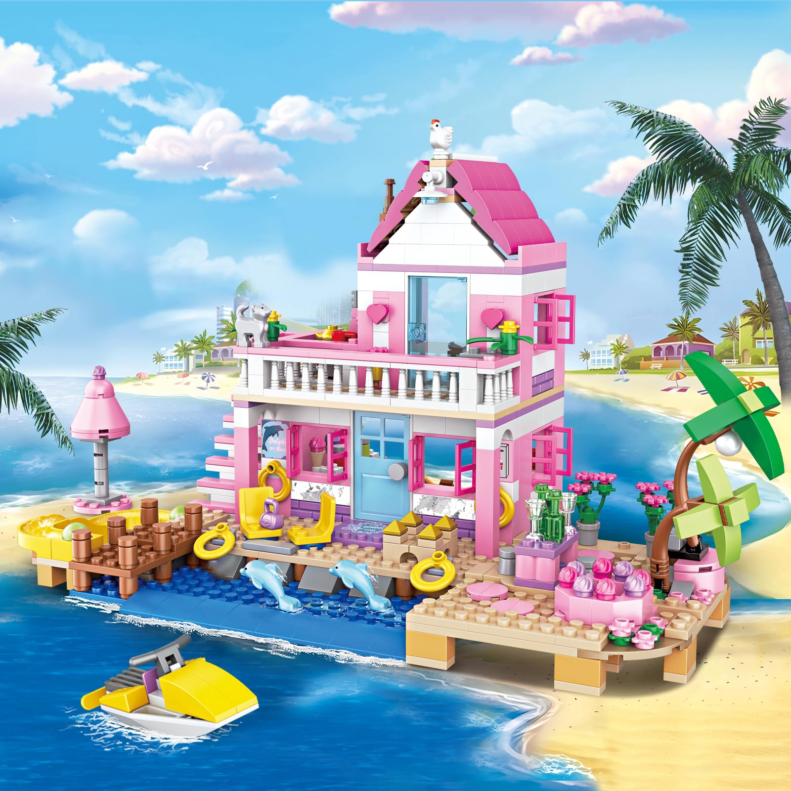 HSANHE pink girls seaside villa packaging for easy setup and storage