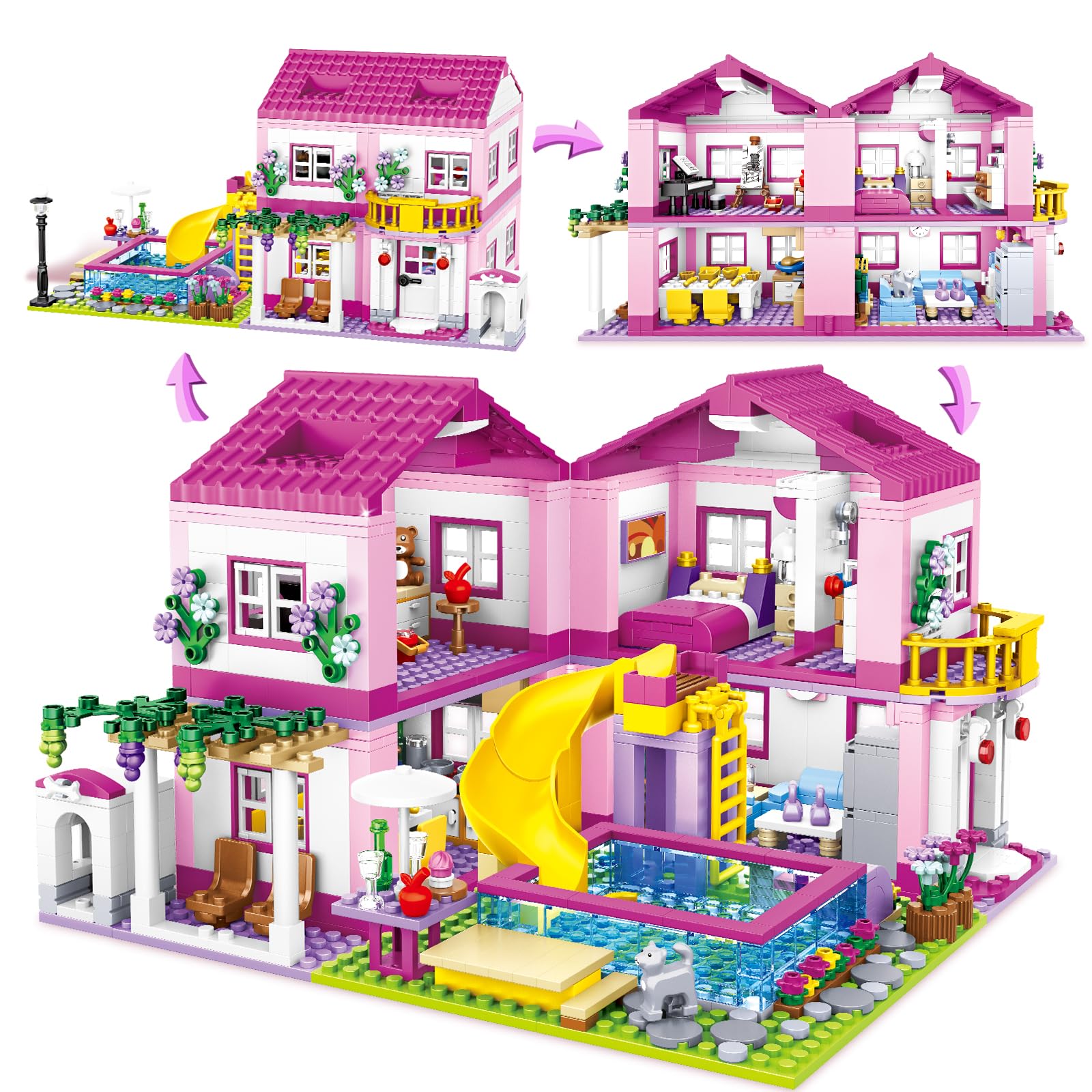 HSANHE Pink Girls Summer Villa House for imaginative building play.