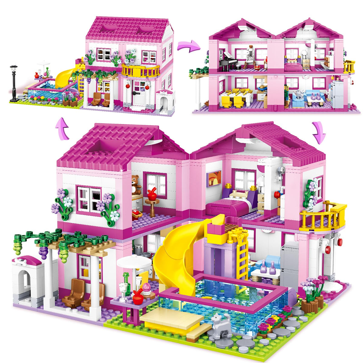 HSANHE Pink Girls Summer Villa House for imaginative building play.