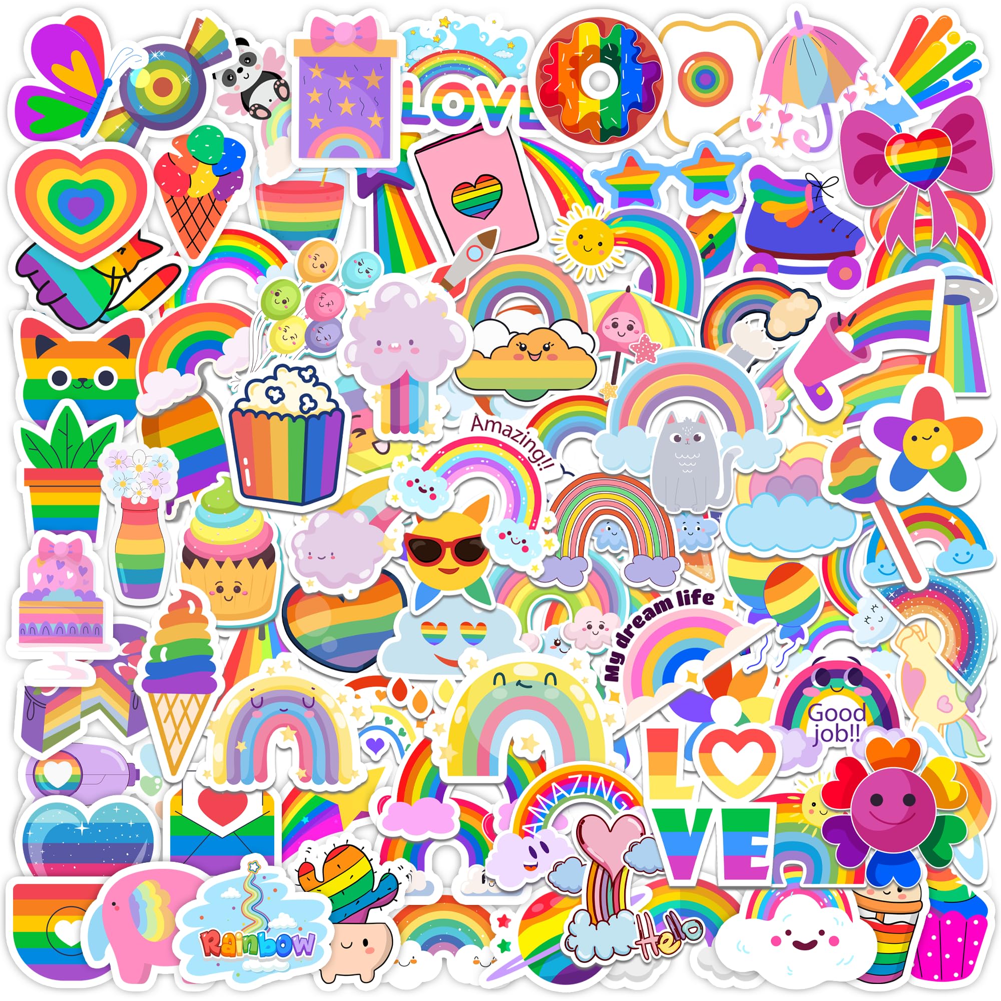 HSHFAMIIY rainbow stickers pack with 100 styles for kids' gear and notebooks.