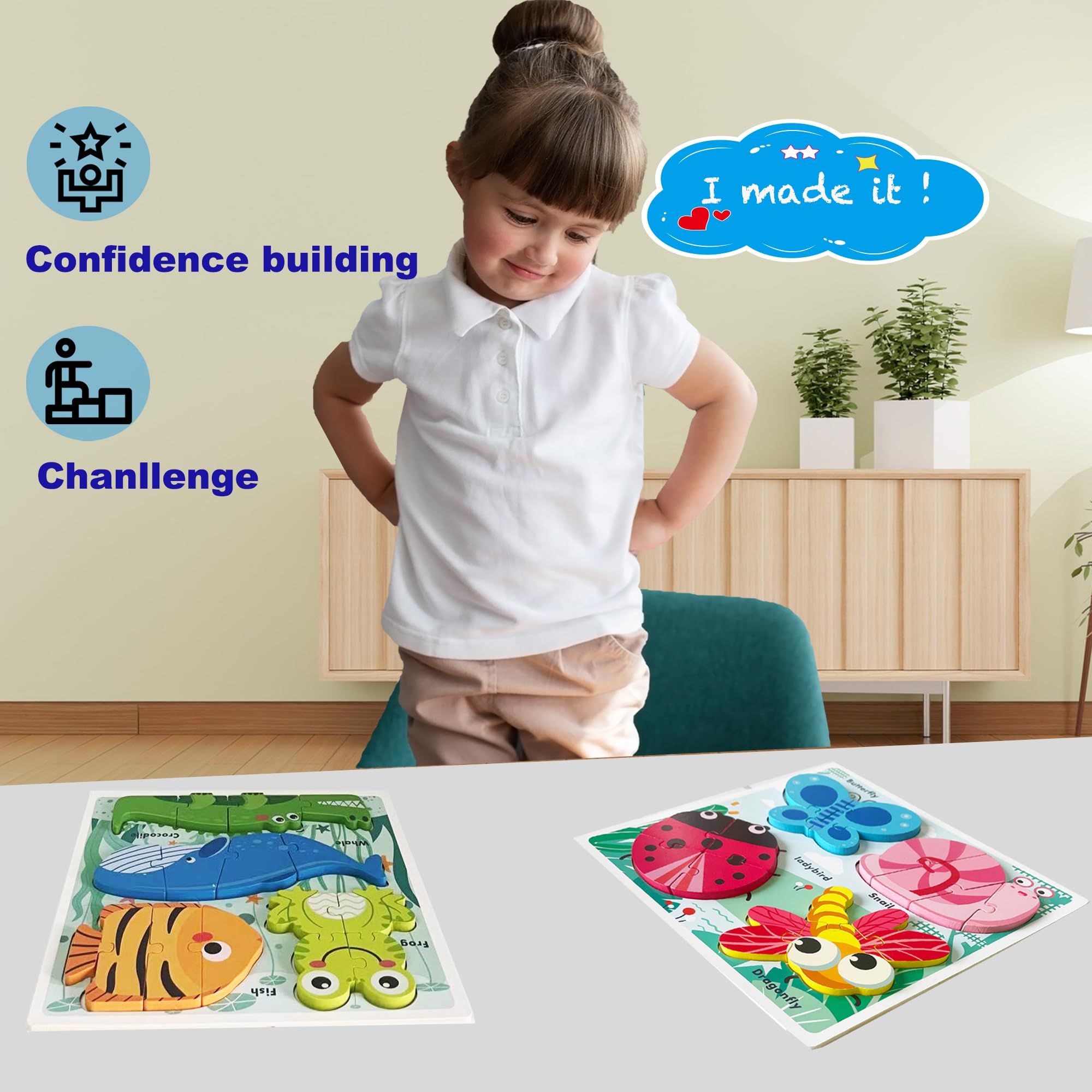 HT HONOR . TRUST vivid animals encourage recognition and storytelling during puzzle sessions.