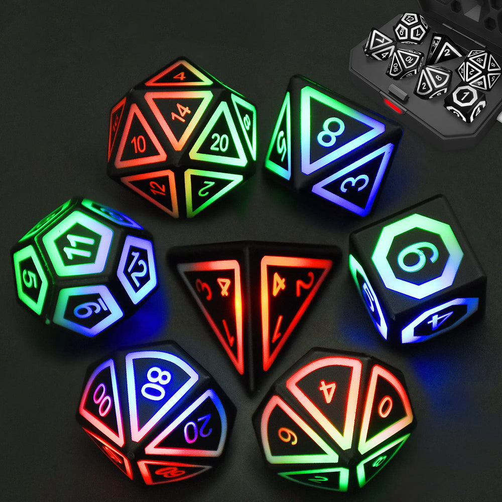 HTPOW LED dice set with seven glowing dice for immersive night gaming.