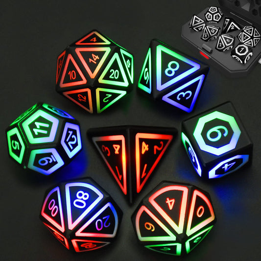 HTPOW LED dice set with seven glowing dice for immersive night gaming.