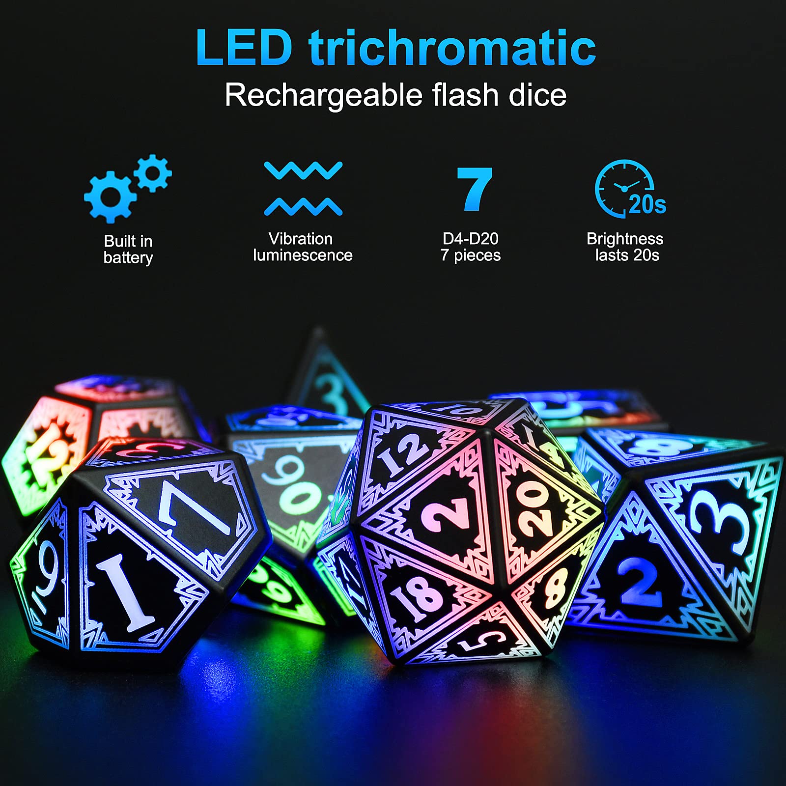 HTPOW light-up D8 dice glow prominently, enhancing visibility in low light.
