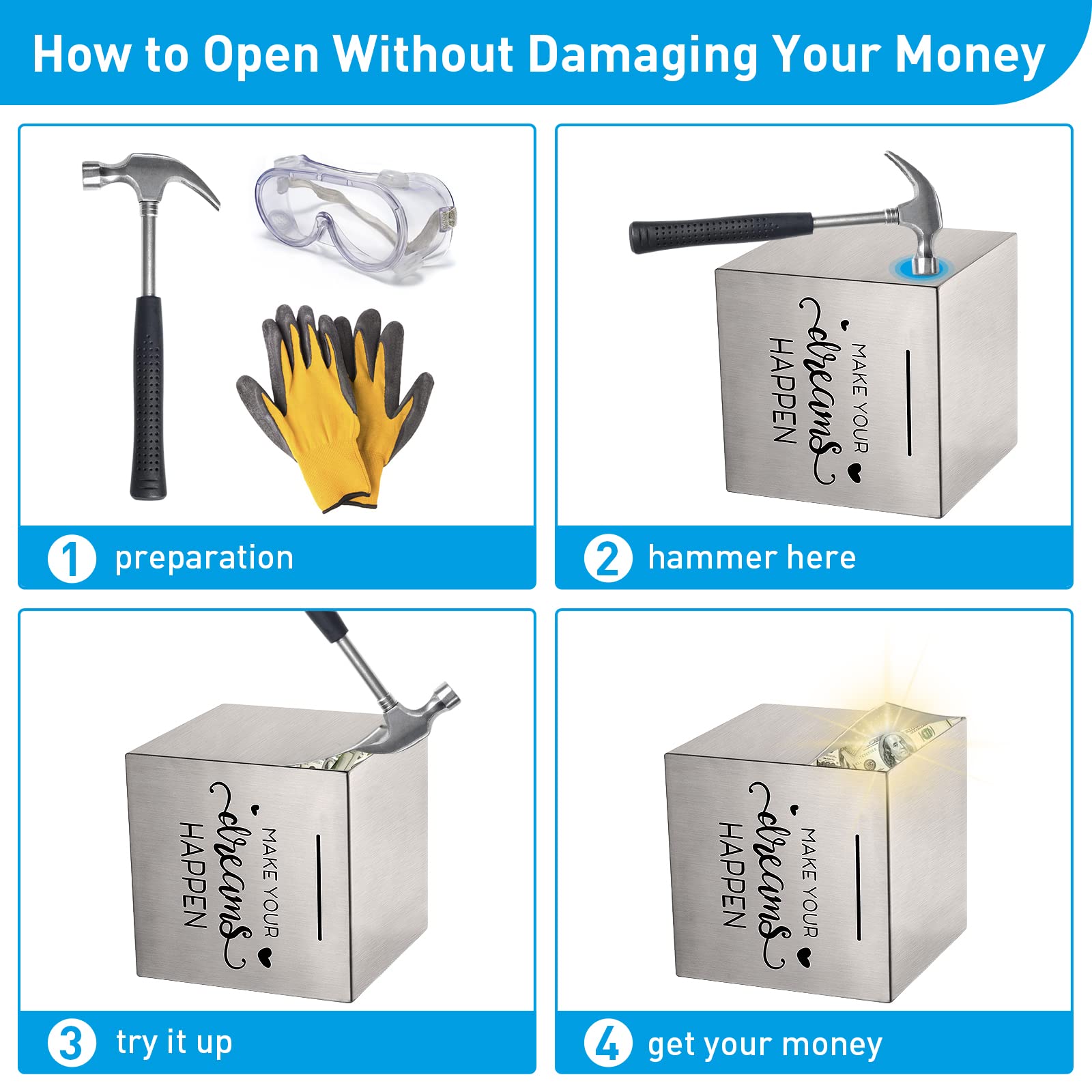 HuaArt piggy bank opens only when the goal is met and is destroyed afterward.