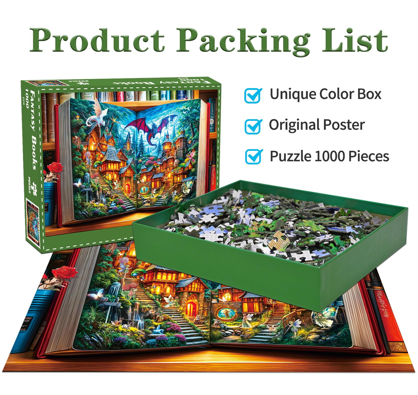 HUADADA The Magic Book of Fairy Tales 1000-piece puzzle includes glare-free poster for easy reference