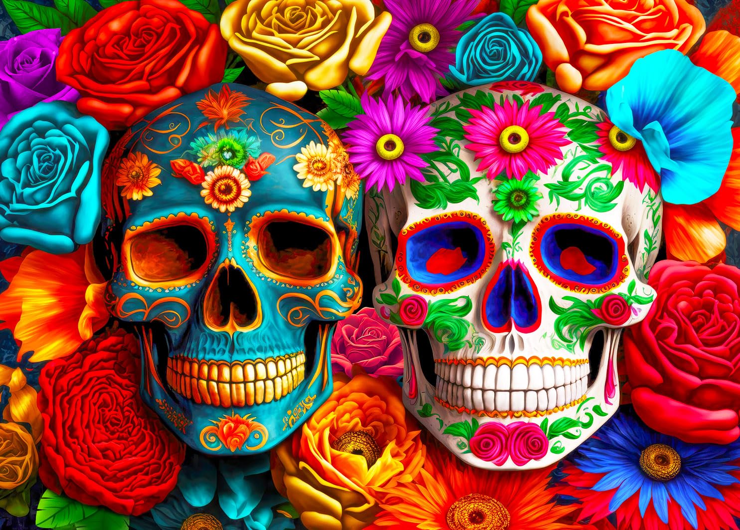 HUADADA 1000-piece puzzle with colorful flowers skull, enhances focus and family bonding.