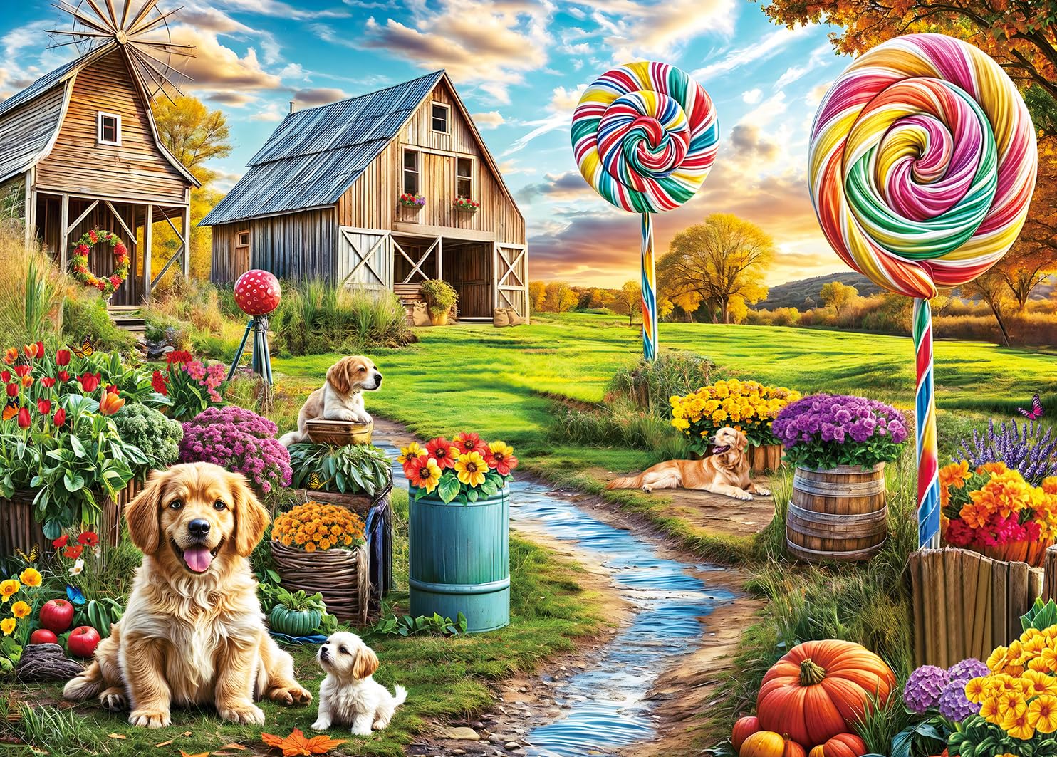 HUADADA 1000 piece puzzle enchanted rural scene with dogs boosts focus and relaxation