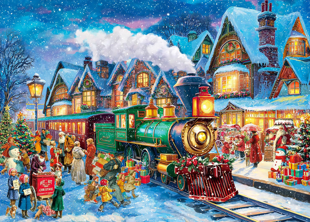HUADADA Christmas 1000-piece puzzle featuring a train town for cozy family evenings.