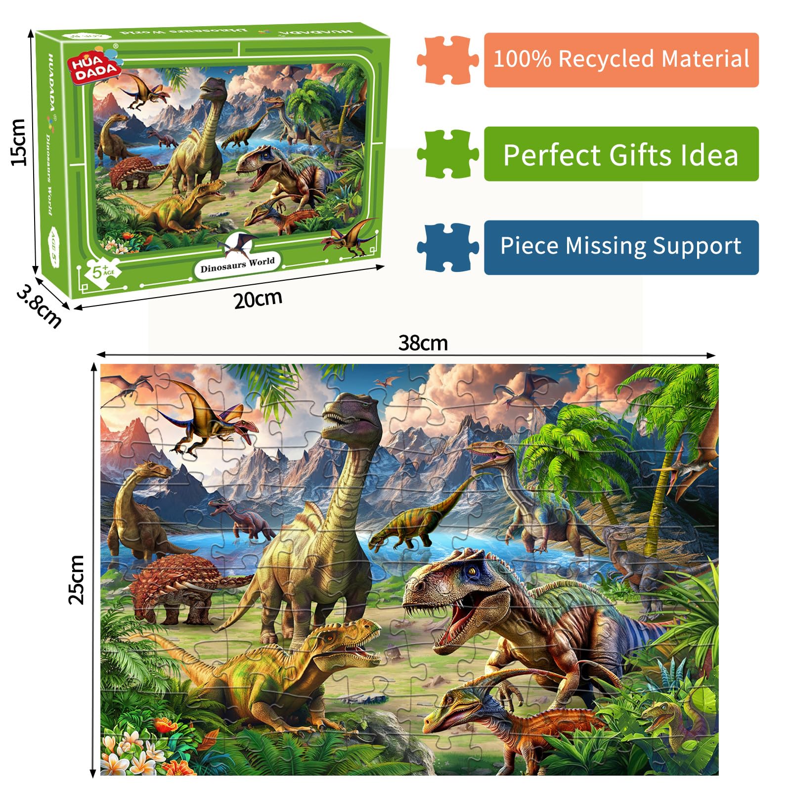 Close up of dinosaur illustrations on puzzle pieces for imaginative play with HUADADA.