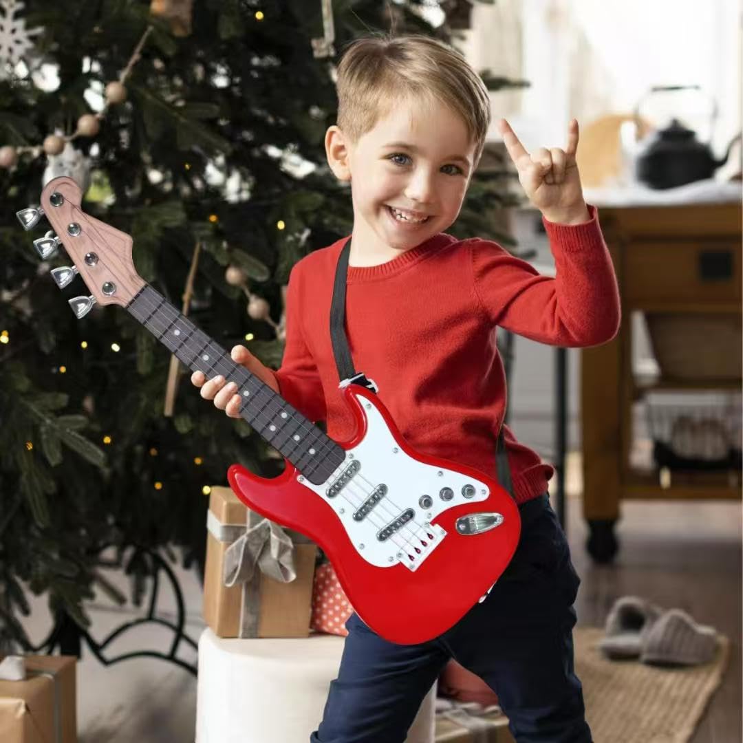 Huang Cheng Toys mini guitar with strap demonstrates kid-friendly portability for playtime