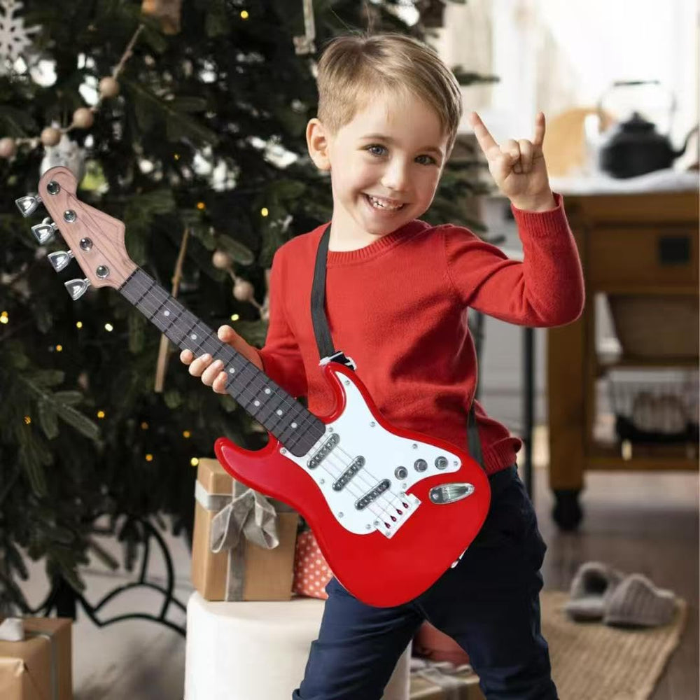 Huang Cheng Toys mini guitar with strap demonstrates kid-friendly portability for playtime
