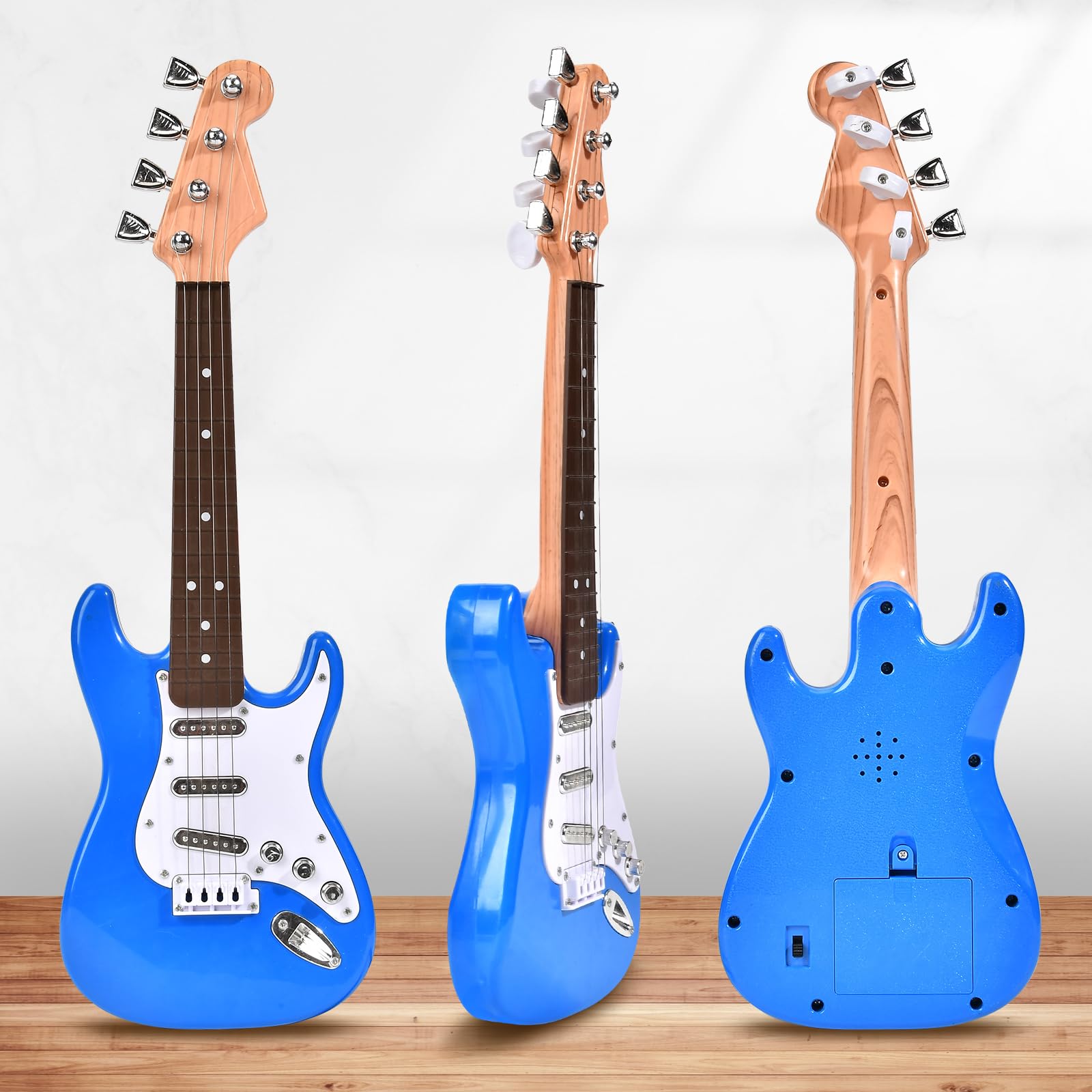 Huang Cheng Toys mini guitar strings closeup shows durable strings for play.