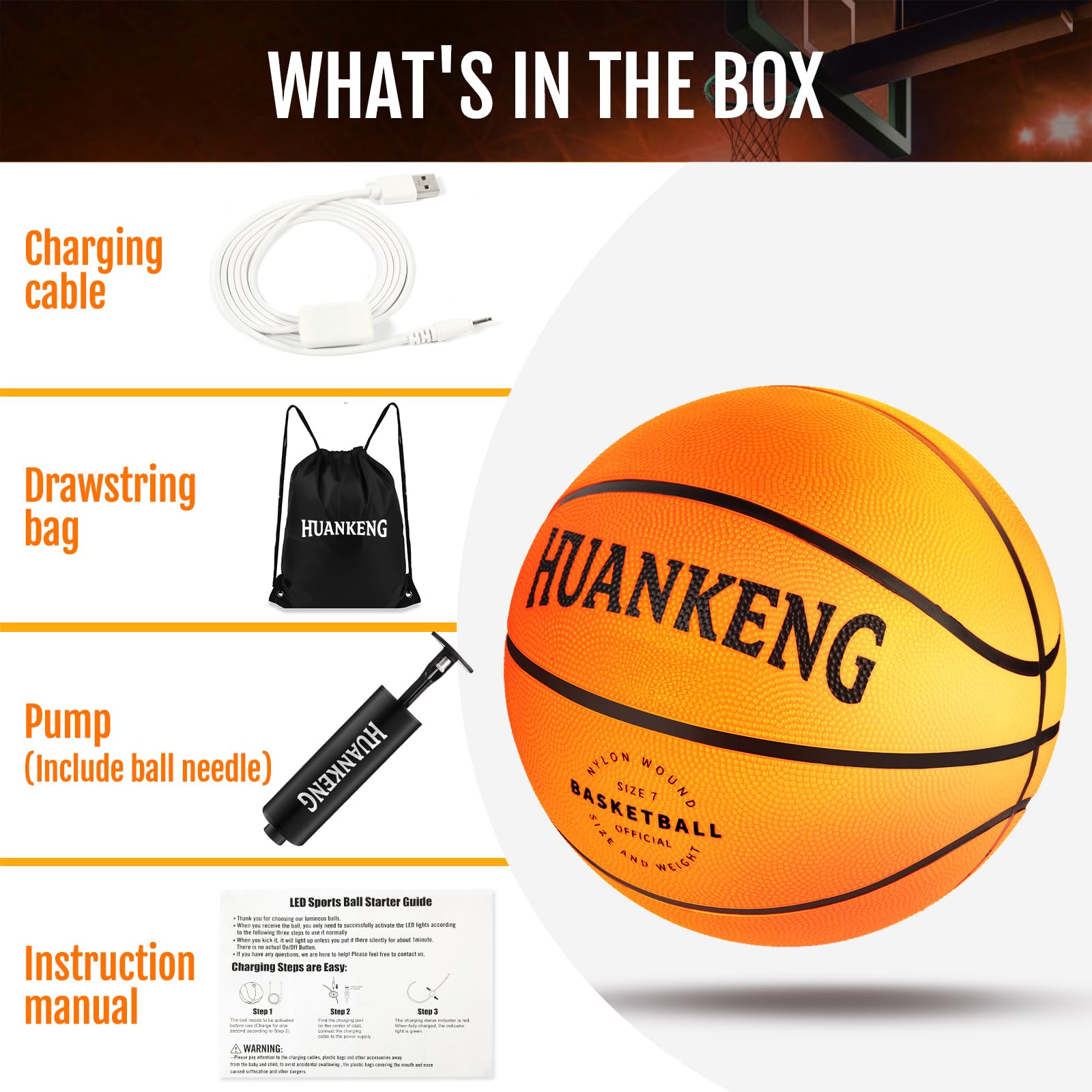 HuanKeng glow basketball USB cable included for easy charging on the go