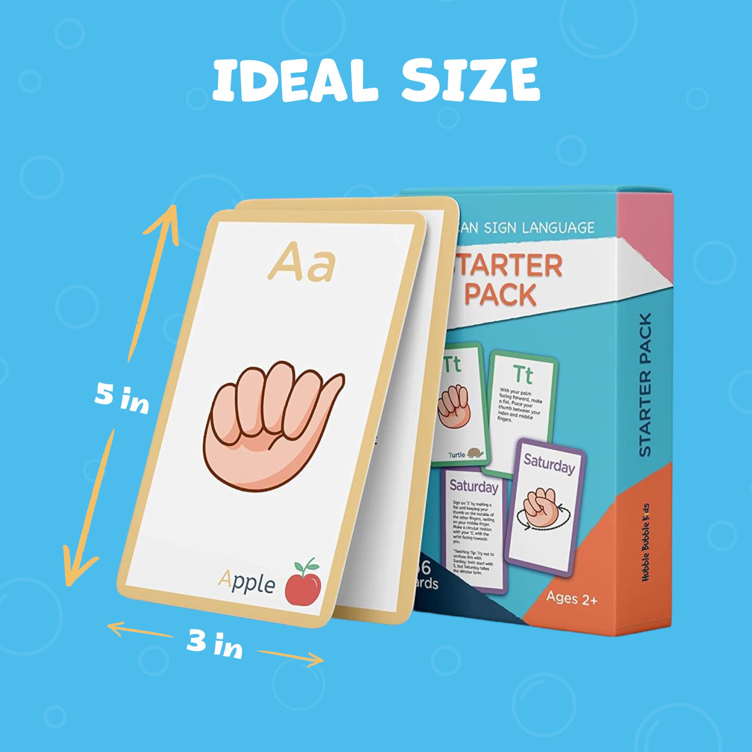 Hubble Bubble Kids ASL cards size 3x5 inches for kid-friendly handling.