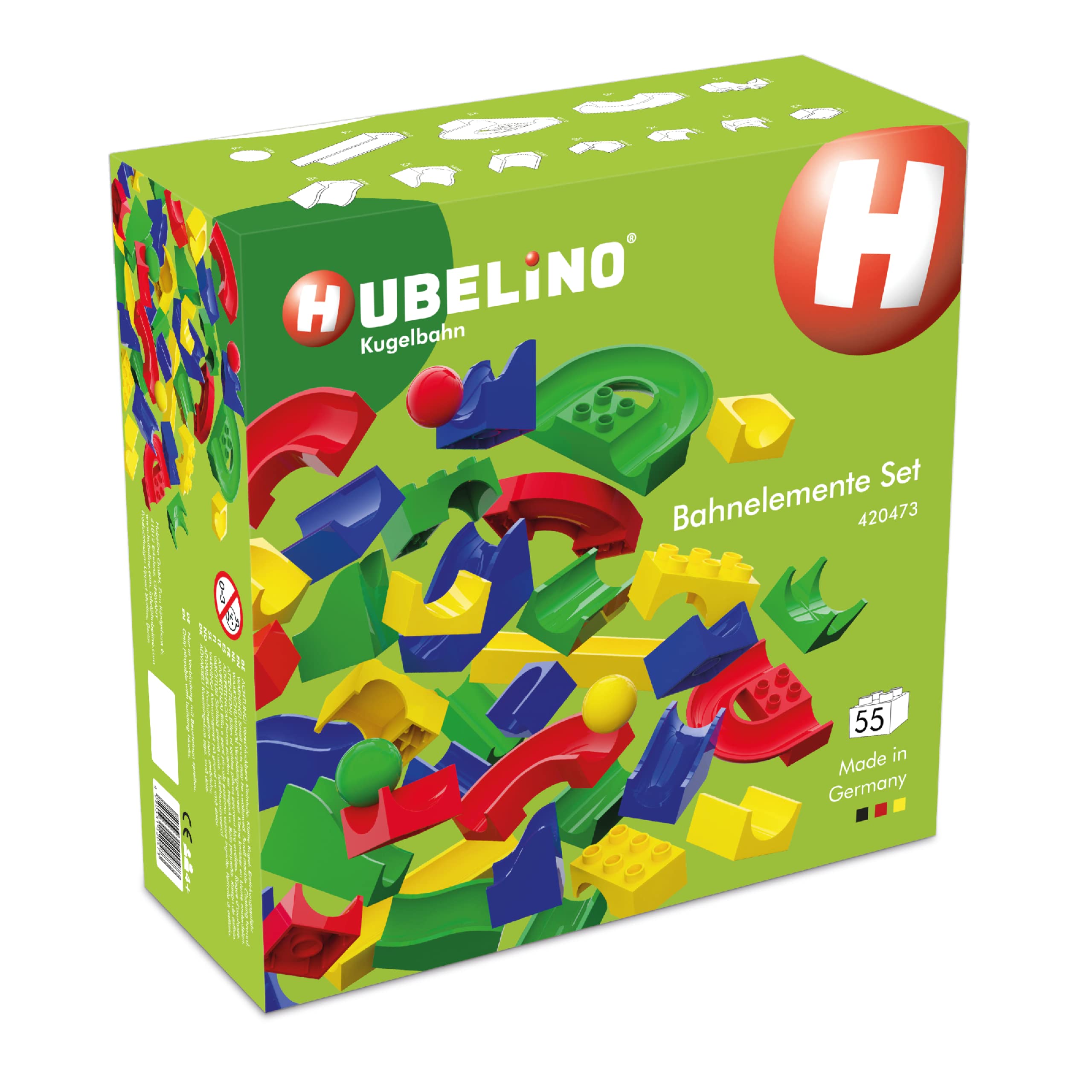 Hubelino 55-piece Run Elements set assembly shows modular marble run creativity