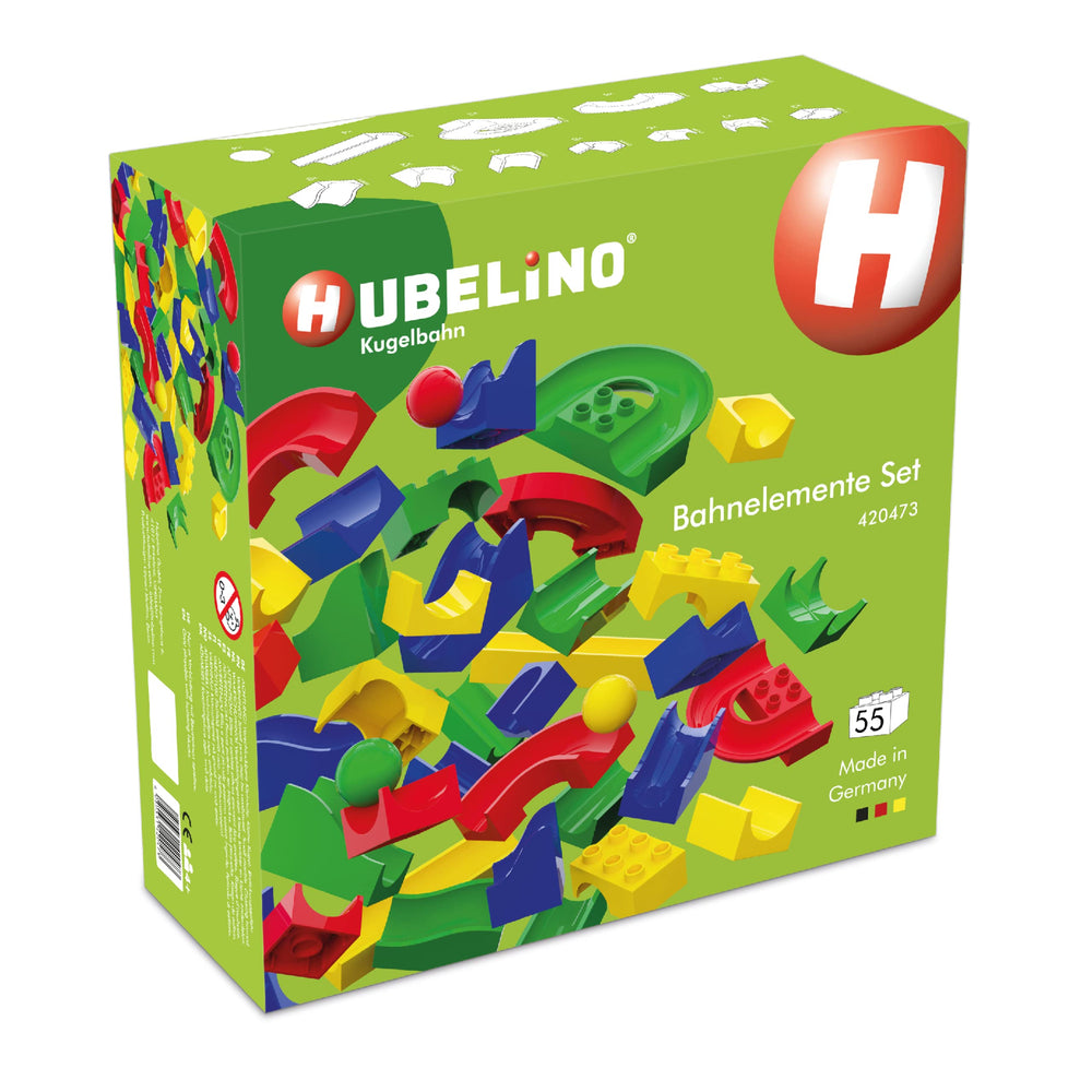 Hubelino 55-piece Run Elements set assembly shows modular marble run creativity
