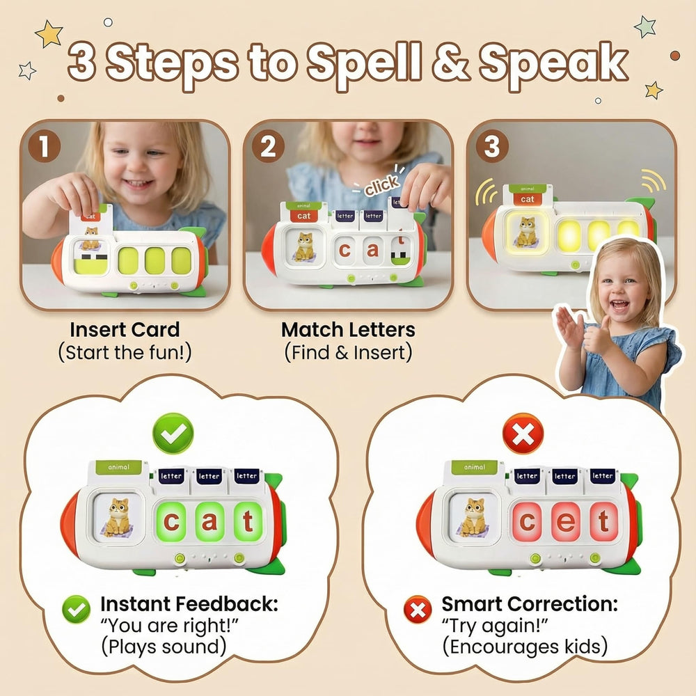 HubFIVY spell-check alphabet flash cards provide immediate feedback during spelling play