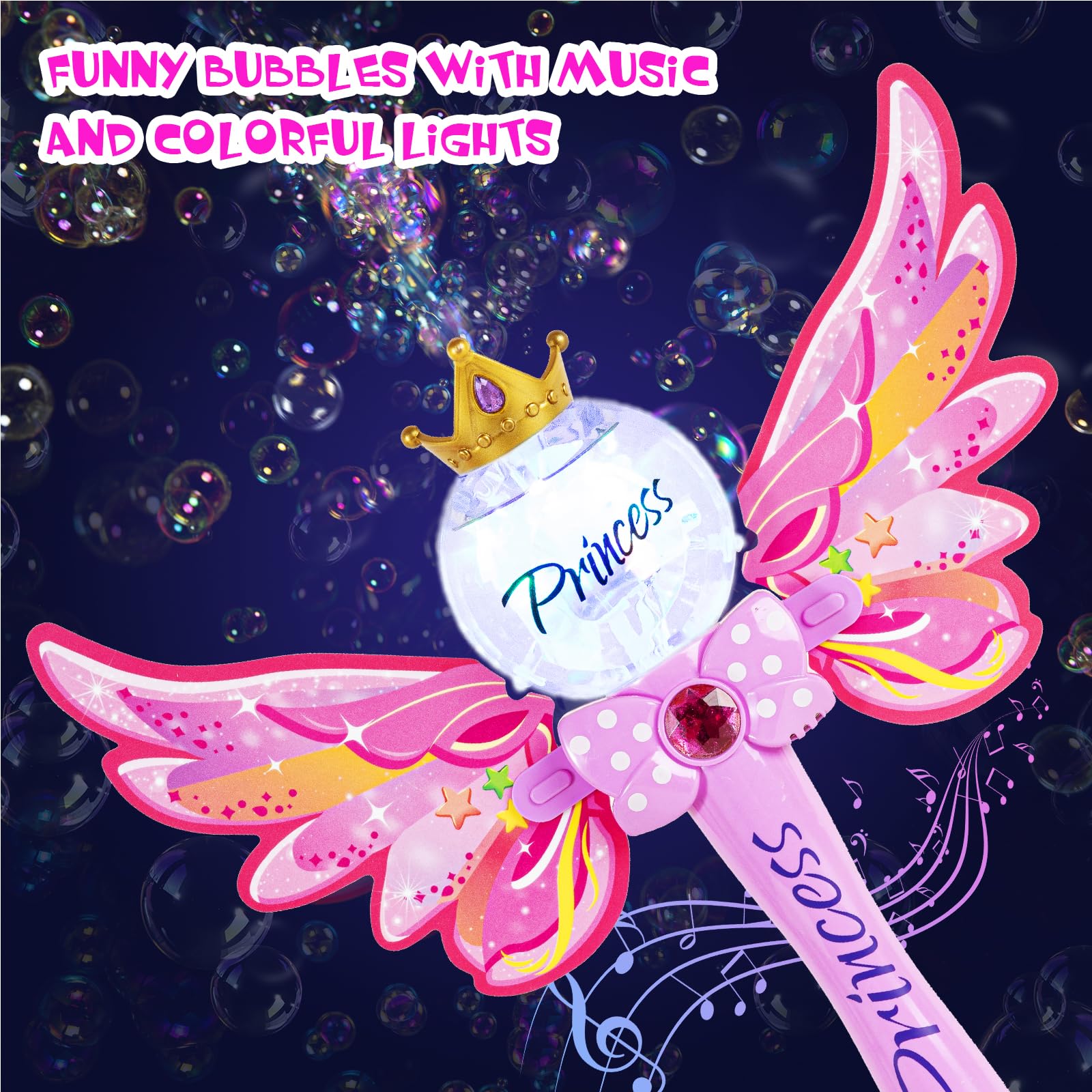 Hugeway Princess Bubble Wand pink front view shows crown and wings with magical glow.